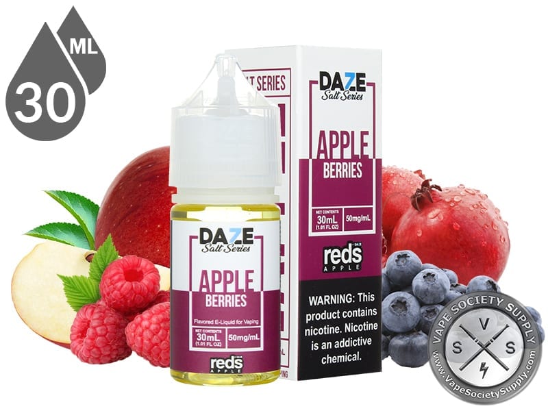 Berries Reds Apple 7 Daze Salt 30ml bottle and box with a sliced apple, raspberries, a pomegranate and blueberries