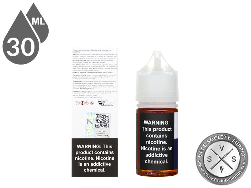 Grape Reds Apple 7 Daze Salt 30ml box back and bottle warning label