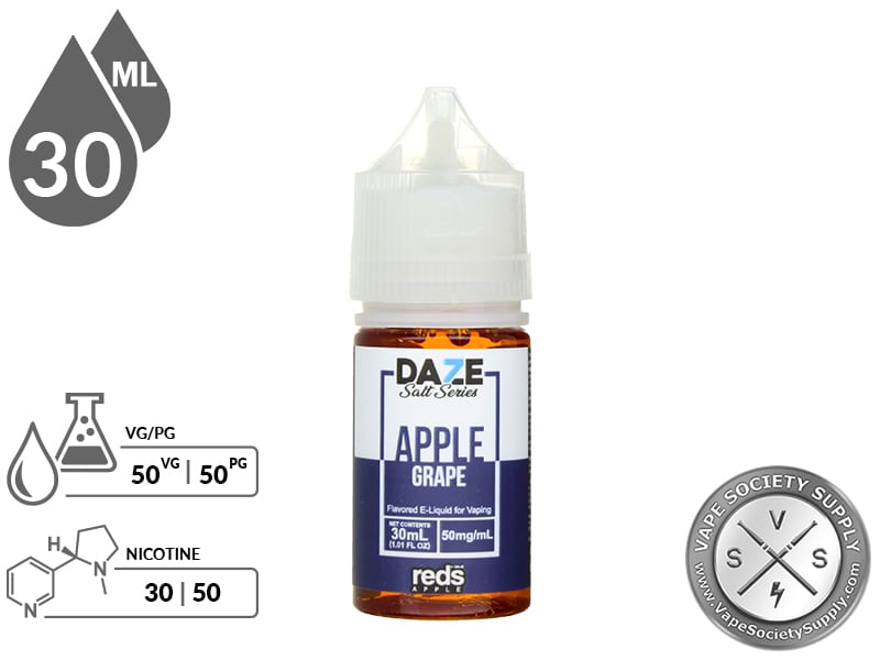 Grape Reds Apple 7 Daze Salt 30ml bottle with a 50/50 VG/PG icon and nicotine strength icons