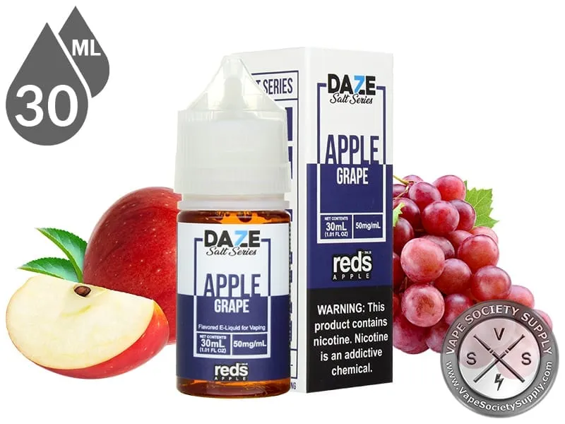 Grape Reds Apple 7 Daze Salt 30ml bottle and box with a sliced apple and red grapes