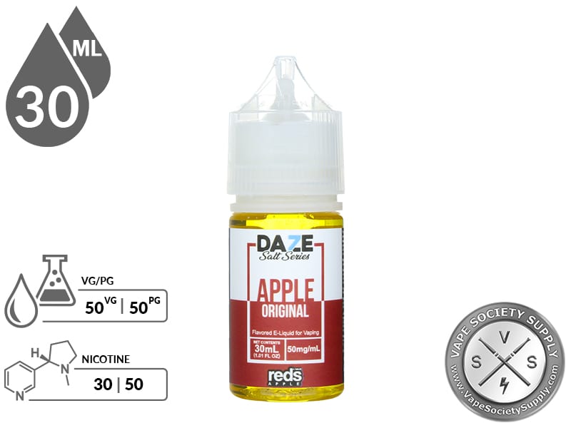 Original Reds Apple 7 Daze Salt 30ml bottle with a 50/50 VG/PG icon and nicotine strength icons