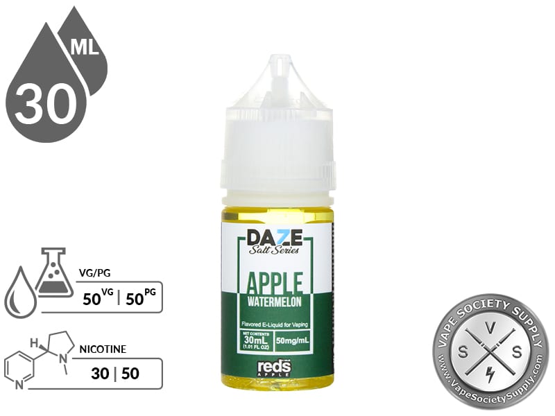 Watermelon Reds Apple 7 Daze Salt 30ml bottle with a 50/50 VG/PG icon and nicotine strength icons
