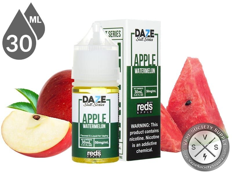 Watermelon Reds Apple 7 Daze Salt 30ml bottle and box with a sliced apple and watermelon slices
