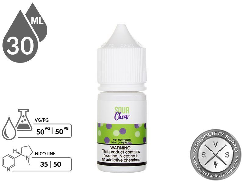 Sour Chew by Fresh Farms Salt 30ml bottle with a 50/50 VG/PG icon and nicotine strength icons