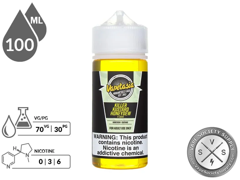 Killer Kustard Honeydew Vapetasia 100ml bottle with a 70/30 VG/PG icon and nicotine strength icons