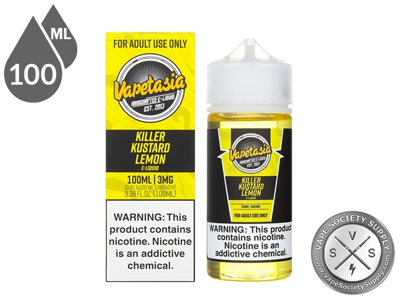 Killer Kustard Lemon Vapetasia 100ml bottle in front of its box