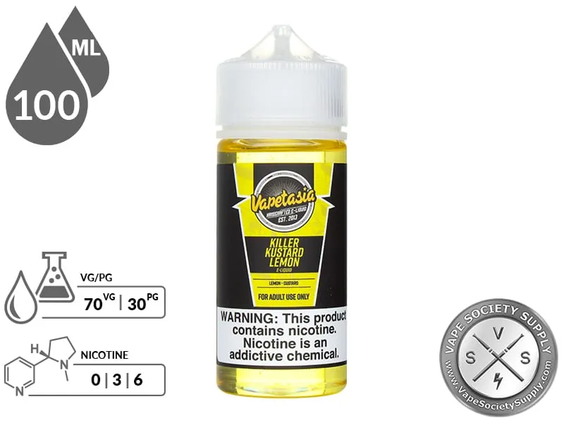 Killer Kustard Lemon Vapetasia 100ml bottle with a 70/30 VG/PG icon and nicotine strength icons