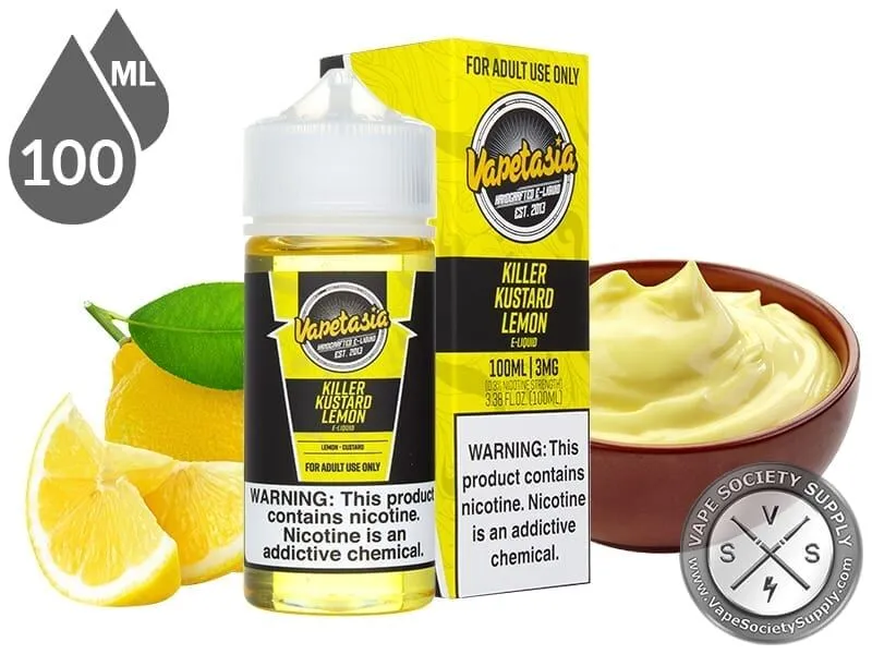 Killer Kustard Lemon Vapetasia 100ml bottle and box with lemons, a lime and a bowl of lemon custard