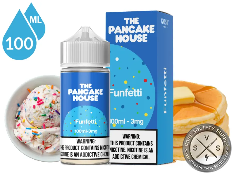 Funfetti by The Pancake House 100ml bottle and box with a scoop of ice cream with rainbow sprinkles and a stack of pancakes