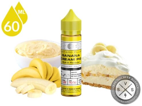Banana Cream Pie by BSX 60ml bottle with bananas, custard and a slice of banana cream pie