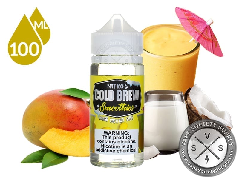 Mango Coconut Surf by Nitro's Cold Brew Smoothies 100ml bottle with a mango, a coconut, a glass of milk and a mango smoothie