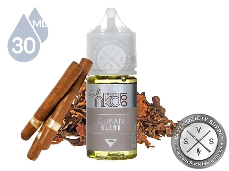 Cuban Blend NKD 100 Salt 30ml bottle with cigars and loose tobacco