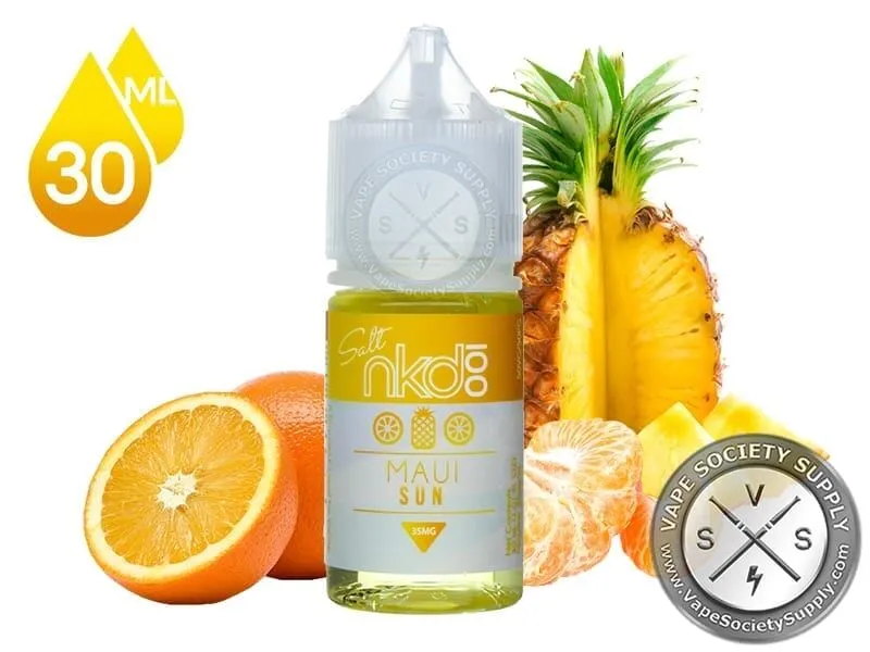 Maui Sun NKD 100 Salt 30ml bottle with an orange, a pineapple and a tangerine