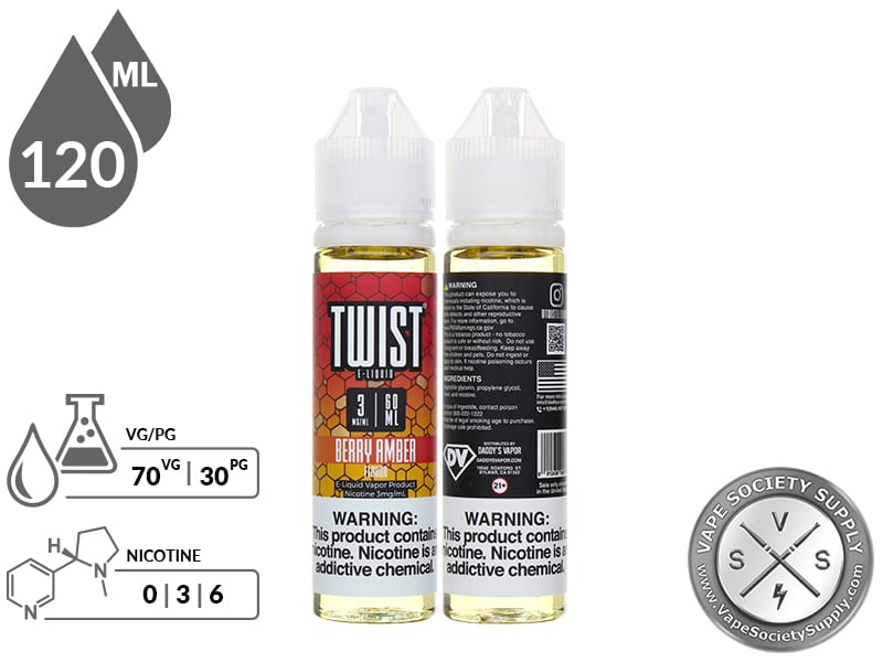 Berry Amber by Twist 120ml bottles with a 70/30 VG/PG icon and nicotine strength icons