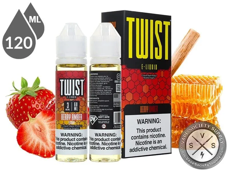 Berry Amber by Twist 120ml bottles and box with strawberries and honeycomb