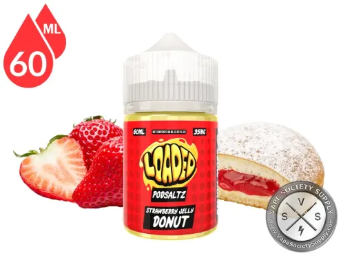 Strawberry Jelly Donut Loaded PODSALTZ 60ml bottle with strawberries and a jelly donut