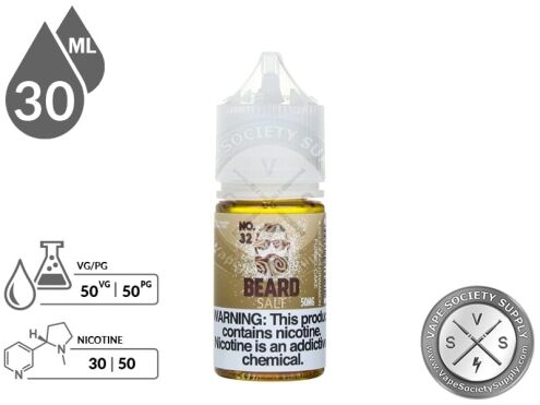 No. 32 Beard Salt 30ml bottle with a 50/50 VG/PG icon and nicotine strength icons