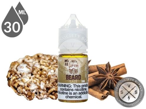 No. 32 Beard Salt 30ml bottle with a funnel cake, cinnamon sticks and star anise