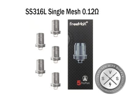 Five slim FreeMax SS316L single mesh coils with a black FreeMax coil box, labeled SS316L Single Mesh 0.12Ω