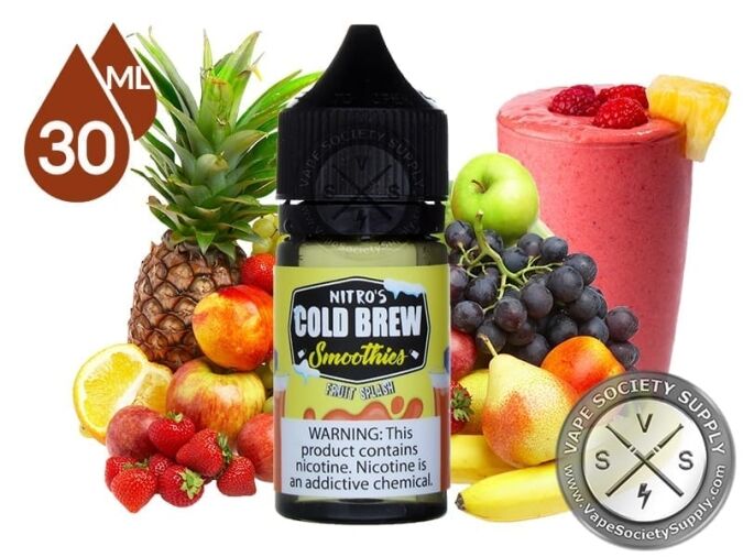 Fruit Splash by Nitro's Cold Brew Smoothies Salt 30ml bottle with pineapple, apples, grapes, strawberries and a fruit smoothie
