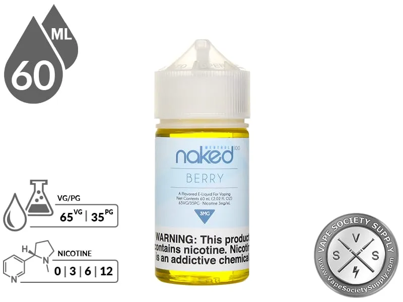 Berry Naked 100 Menthol 60ml bottle with a 65/35 VG/PG icon and nicotine strength icons