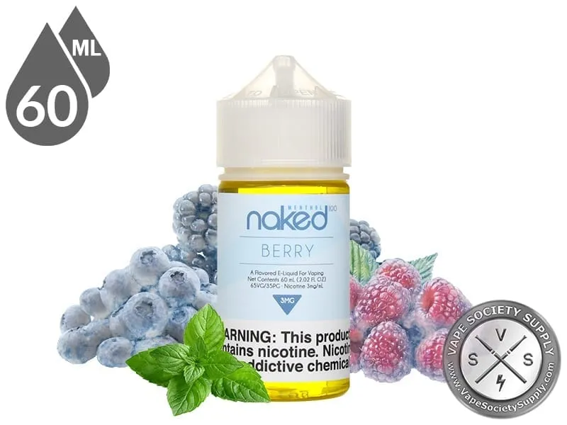 Berry Naked 100 Menthol 60ml bottle with frosted blueberries, raspberries and mint leaves