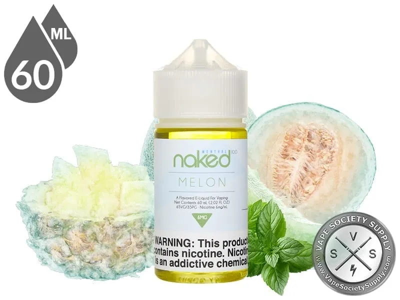 Melon Naked 100 Menthol 60ml bottle with frosted pineapple, a frosted melon and mint leaves