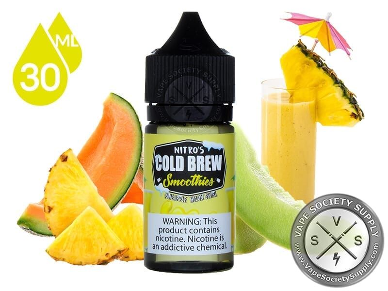 Pineapple Melon Swirl by Nitro's Cold Brew Smoothies Salt 30ml bottle with cantaloupe, pineapple, honeydew and a pineapple smoothie