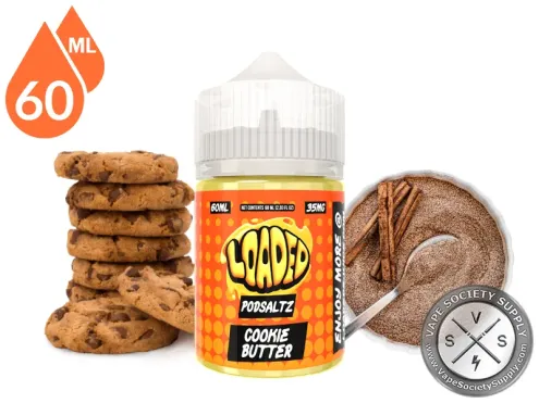 Cookie Butter Loaded PODSALTZ 60ml bottle with cookies, cookie butter and cinnamon