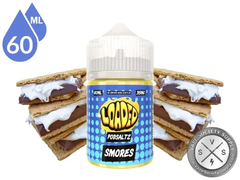 S'mores Loaded PODSALTZ 60ml bottle with s'mores and graham crackers