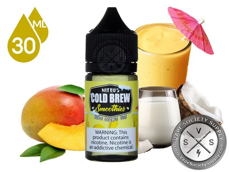 Mango Coconut Surf by Nitro's Cold Brew Smoothies Salt 30ml bottle with a mango, a coconut, a glass of milk and a mango smoothie