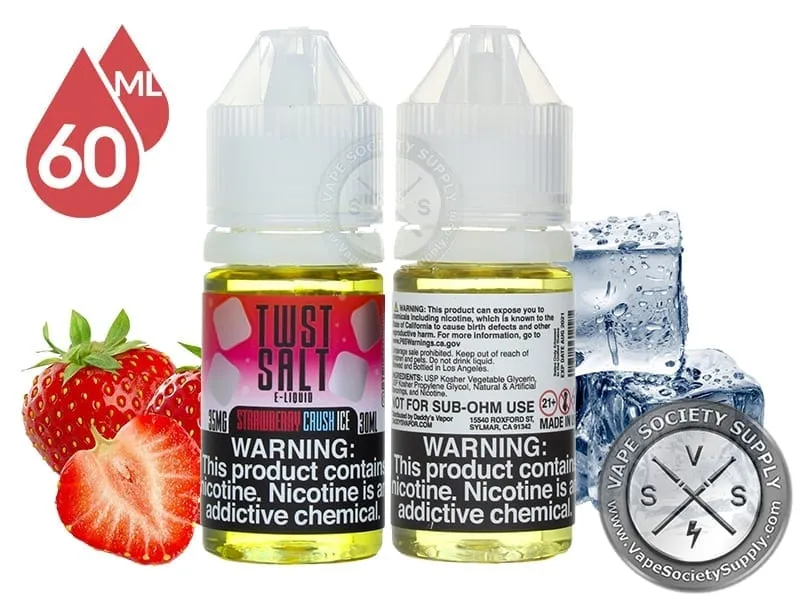 Strawberry Crush Ice by Twist Salt 60ml bottles with strawberries and ice cubes