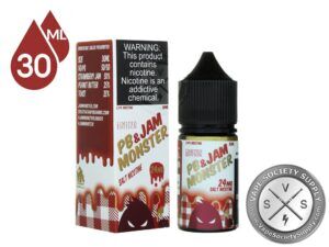 Strawberry PB & Jam Monster Salt 30ml bottle in front of its box