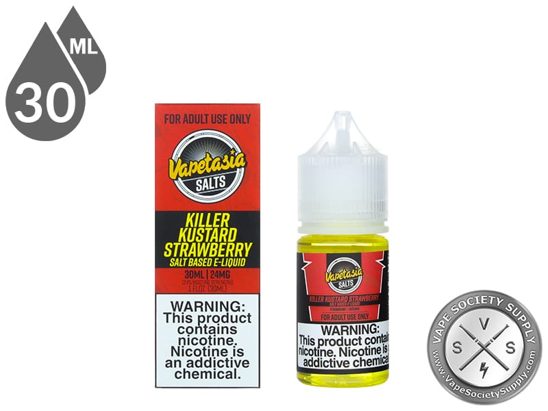 Killer Kustard Strawberry Vapetasia Salt 30ml bottle in front of its box