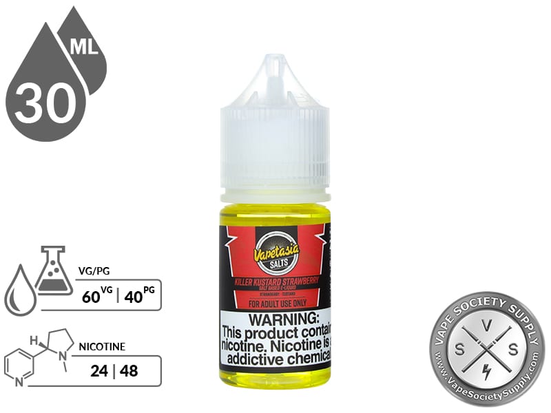Killer Kustard Strawberry Vapetasia Salt 30ml bottle with a 60/40 VG/PG icon and nicotine strength icons