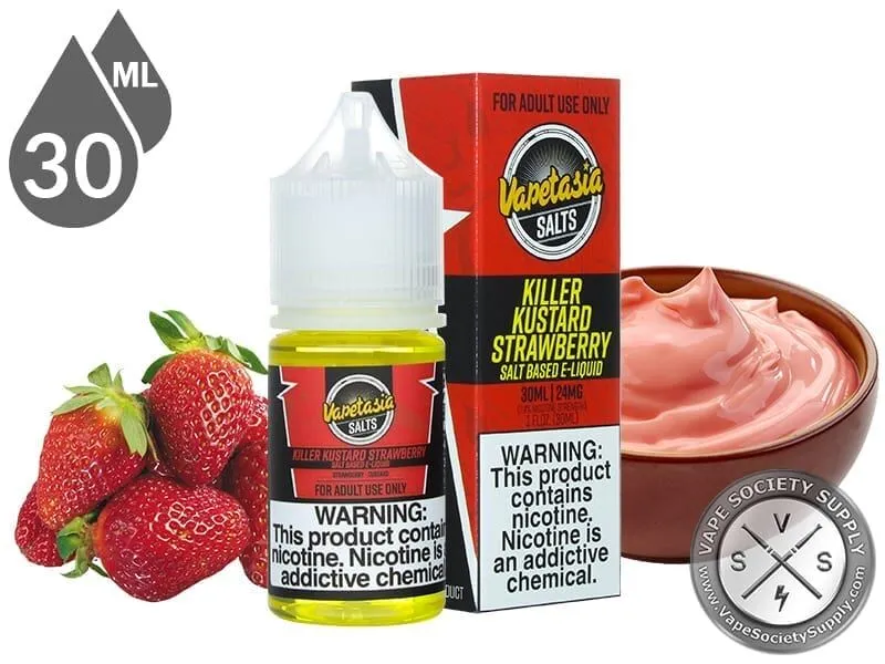 Killer Kustard Strawberry Vapetasia Salt 30ml bottle and box with strawberries and a bowl of strawberry custard