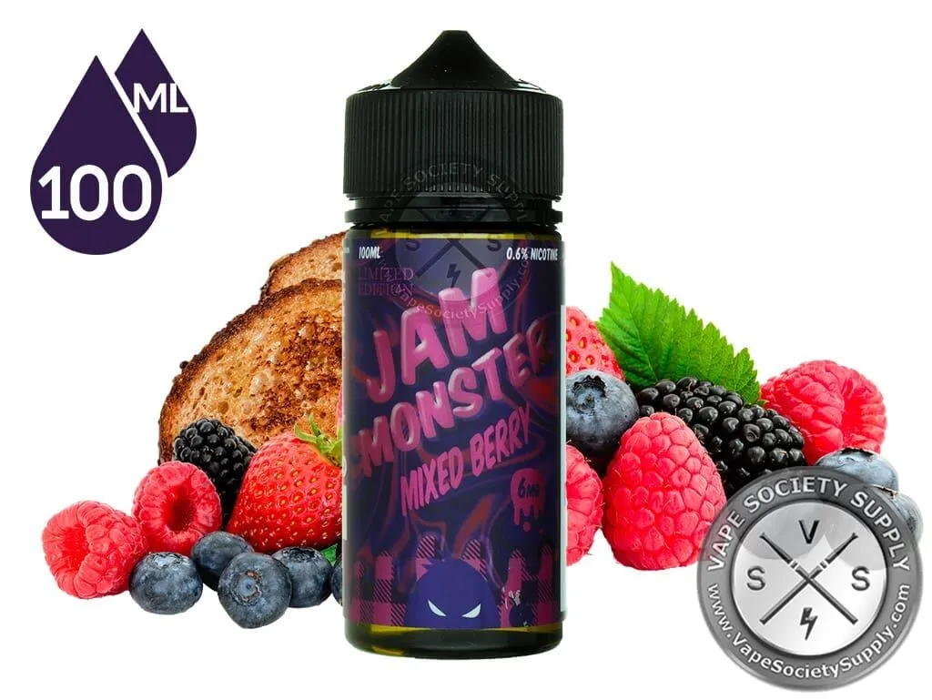 Mixed Berry Jam Monster 100ml bottle with raspberries, blackberries, blueberries and toast