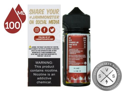 Strawberry PB & Jam Monster 100ml box side with social media links, next to the bottle