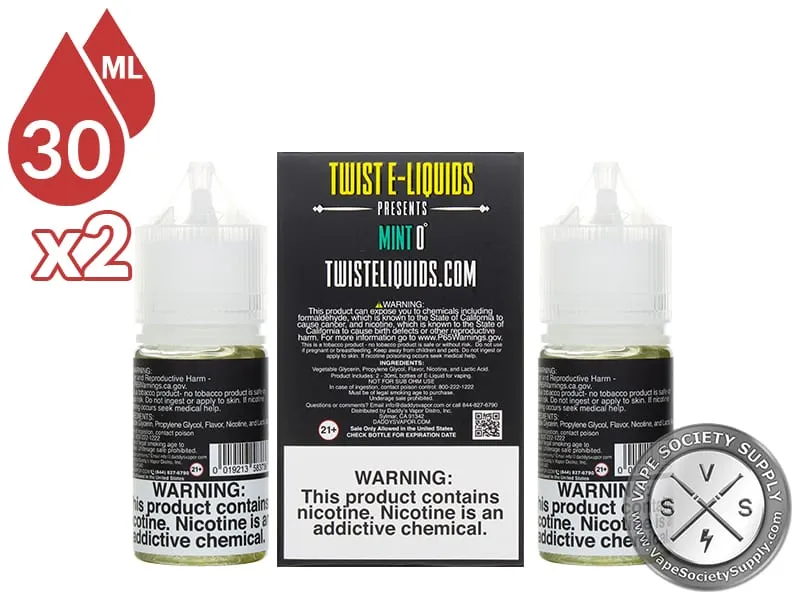 Mint 0° by Twist Salt 60ml box back and bottle warning labels