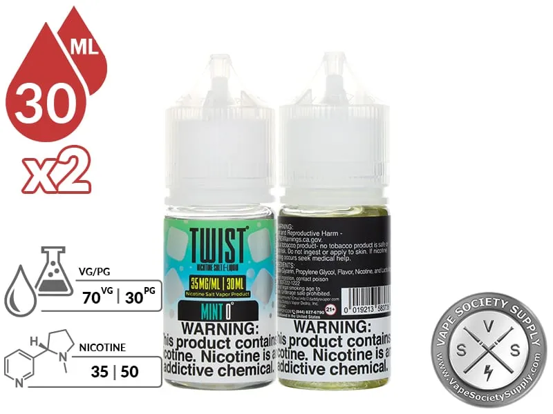 Mint 0° by Twist Salt 60ml bottles with a 70/30 VG/PG icon and nicotine strength icons