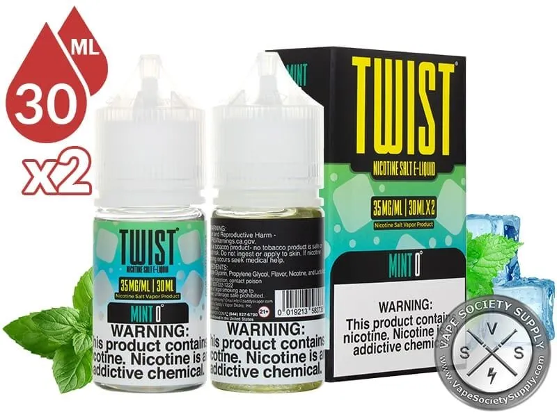 Mint 0° by Twist Salt 60ml bottles and box with mint leaves and ice cubes