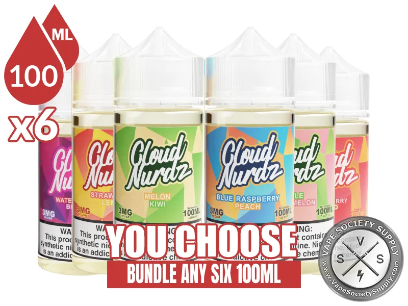 Cloud Nurdz E-Juice Bundle 6x100ml (600ml): 6 bottles with a You Choose banner