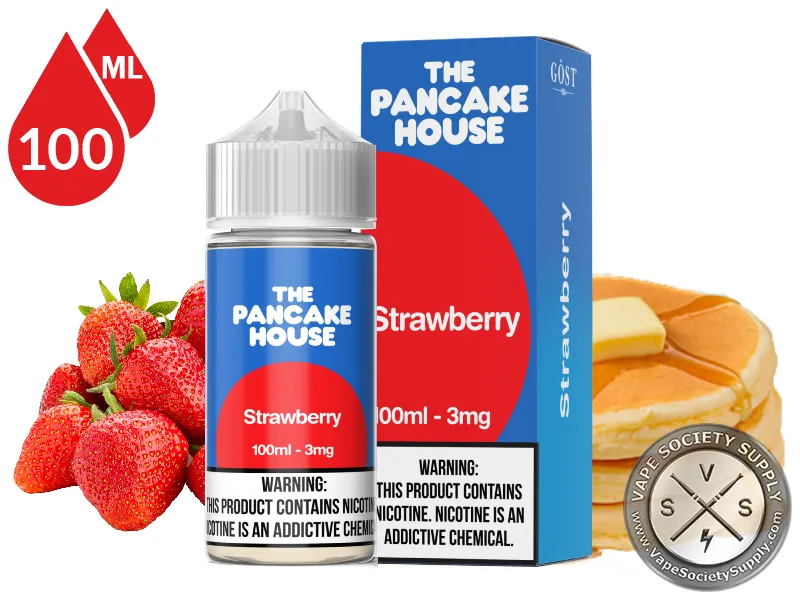 Strawberry by The Pancake House 100ml bottle and box with fresh strawberries and a stack of pancakes