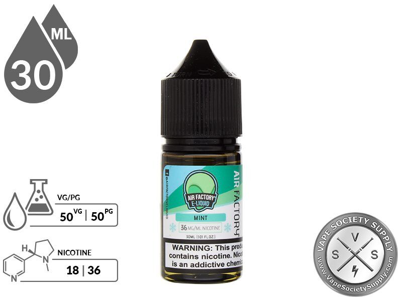 Mint by Air Factory Salts 30ml bottle with a 50/50 VG/PG icon and nicotine strength icons