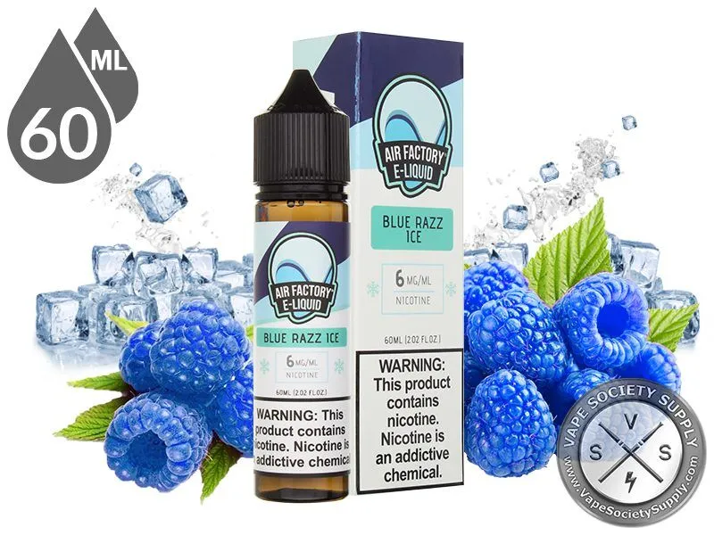 Blue Razz Ice by Air Factory 60ml bottle and box with blue raspberries and ice cubes
