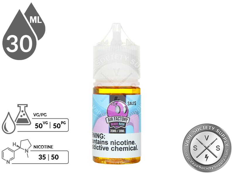 Berry Rush by Air Factory Salts 30ml bottle with a 50/50 VG/PG icon and nicotine strength icons