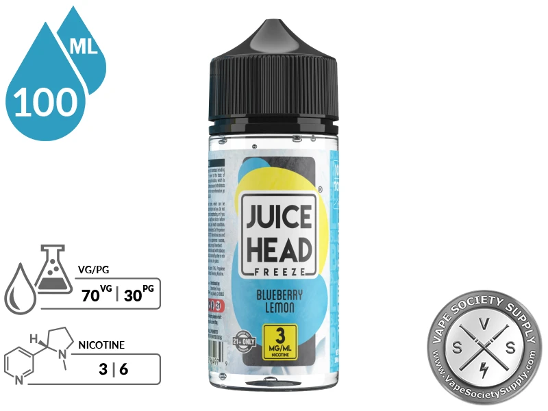 Blueberry Lemon Juice Head Freeze 100ml bottle with a 70/30 VG/PG icon and nicotine strength icons