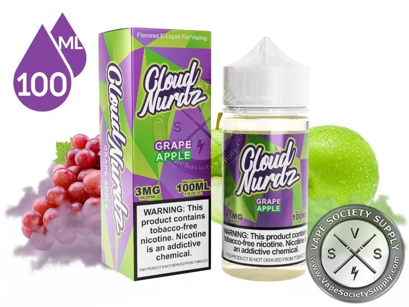 Grape Apple by Cloud Nurdz 100ml bottle and box with red grapes, a green apple and a colored cloud