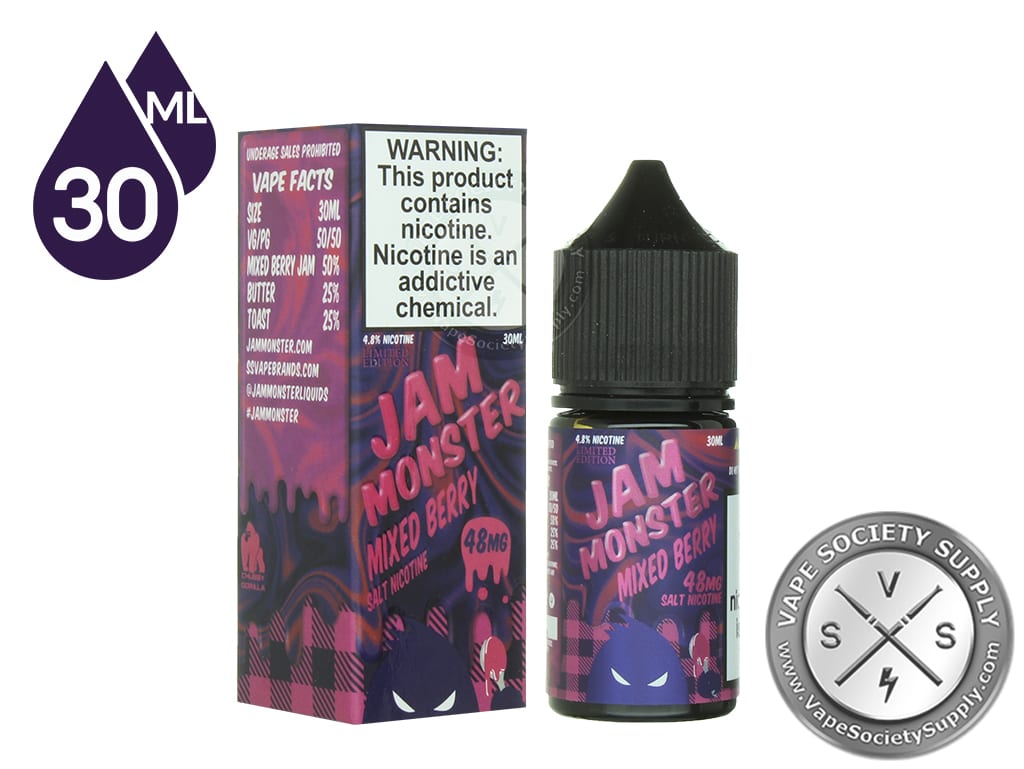 Mixed Berry Jam Monster Salt 30ml bottle in front of its box