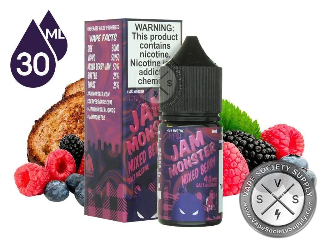 Mixed Berry Jam Monster Salt 30ml bottle and box with raspberries, blackberries, blueberries and toast